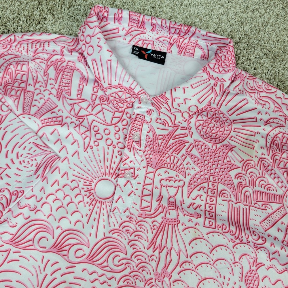 Yatta Golf‎ Mens 2XL White Pink AOP Floral Performance Stretch Polo Short Sleeve
